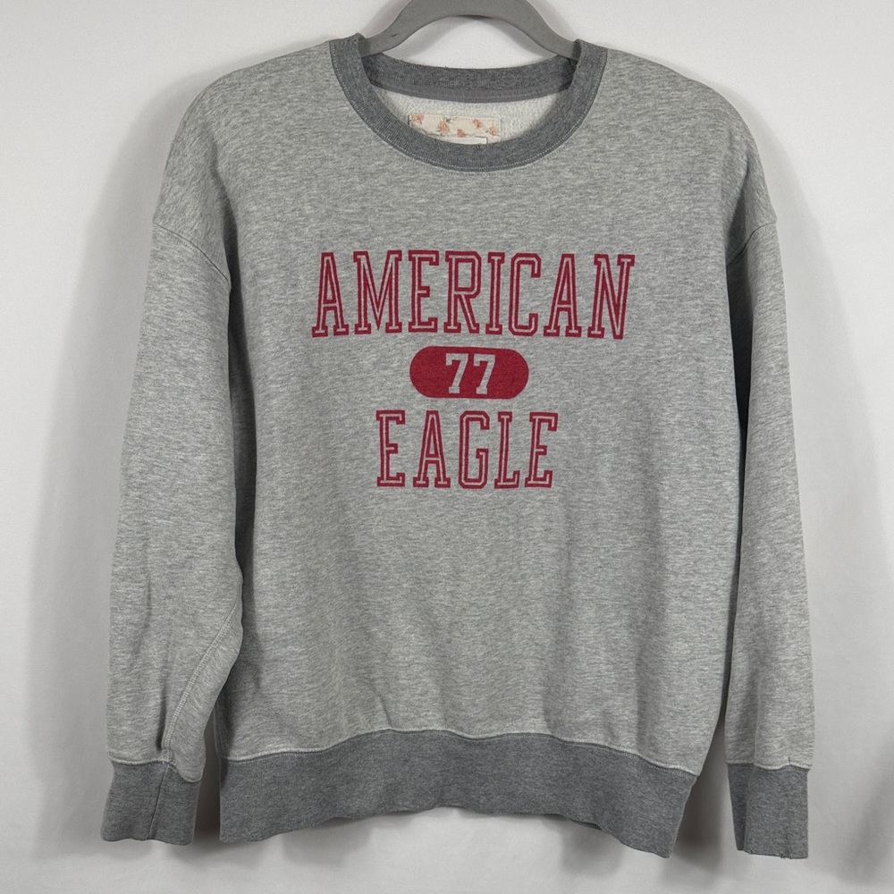 American Eagle Oversized Gray Crewneck Sweater with Red‎ Logo. Womens XS. Soft!
